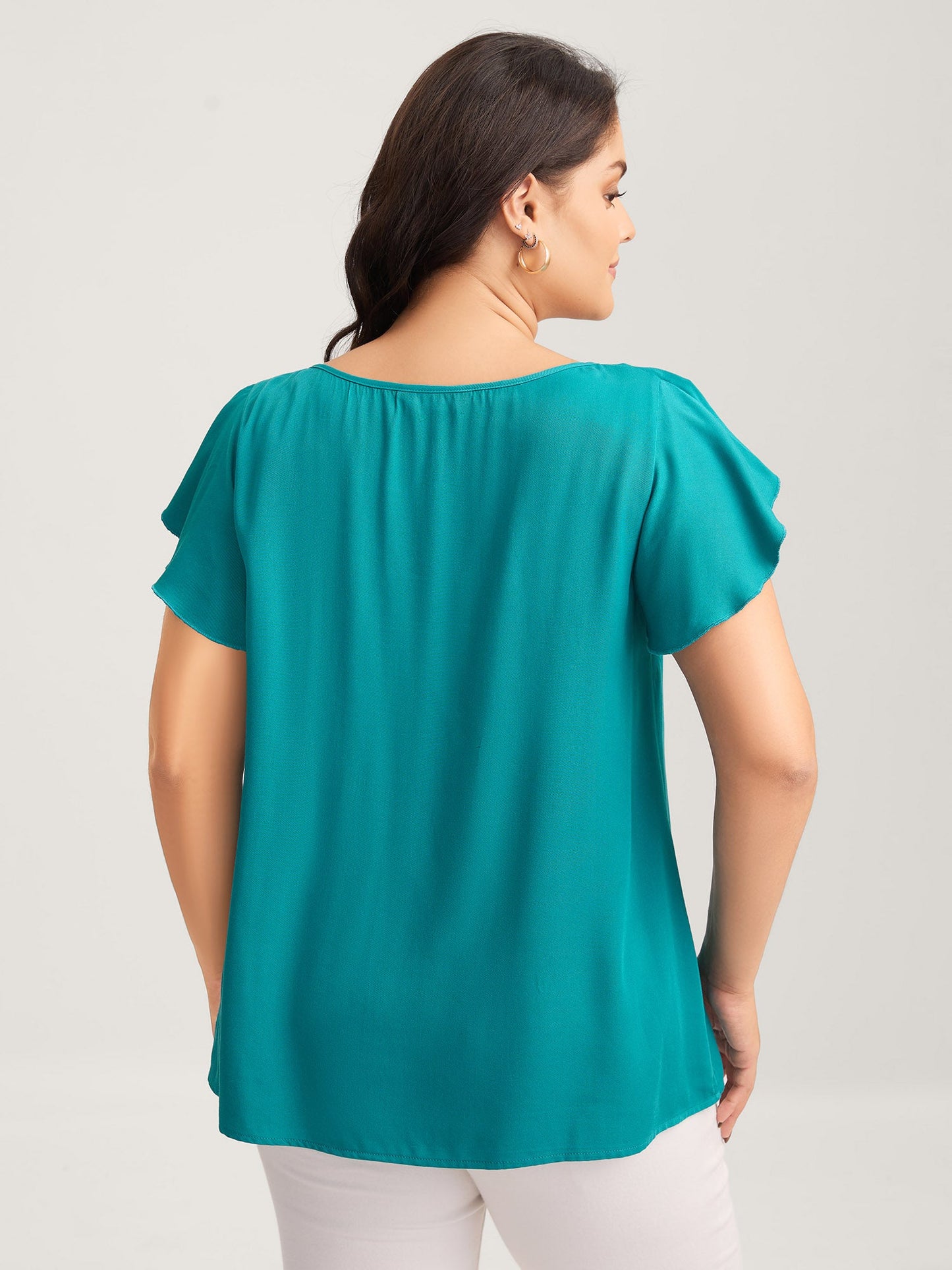 Ruffled Neck Metal Cut-Out Blouse