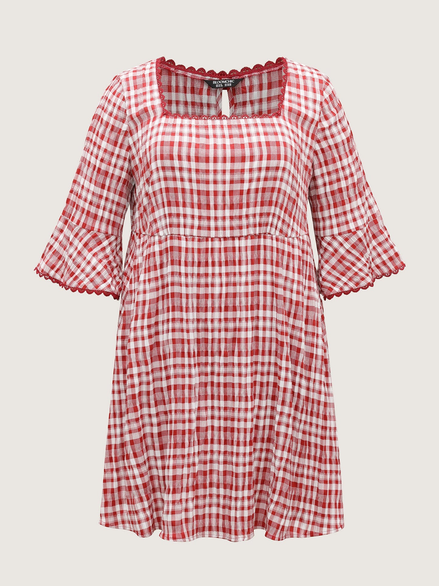 Gingham Print Stretchy Waist Back-Tie Midi Dress