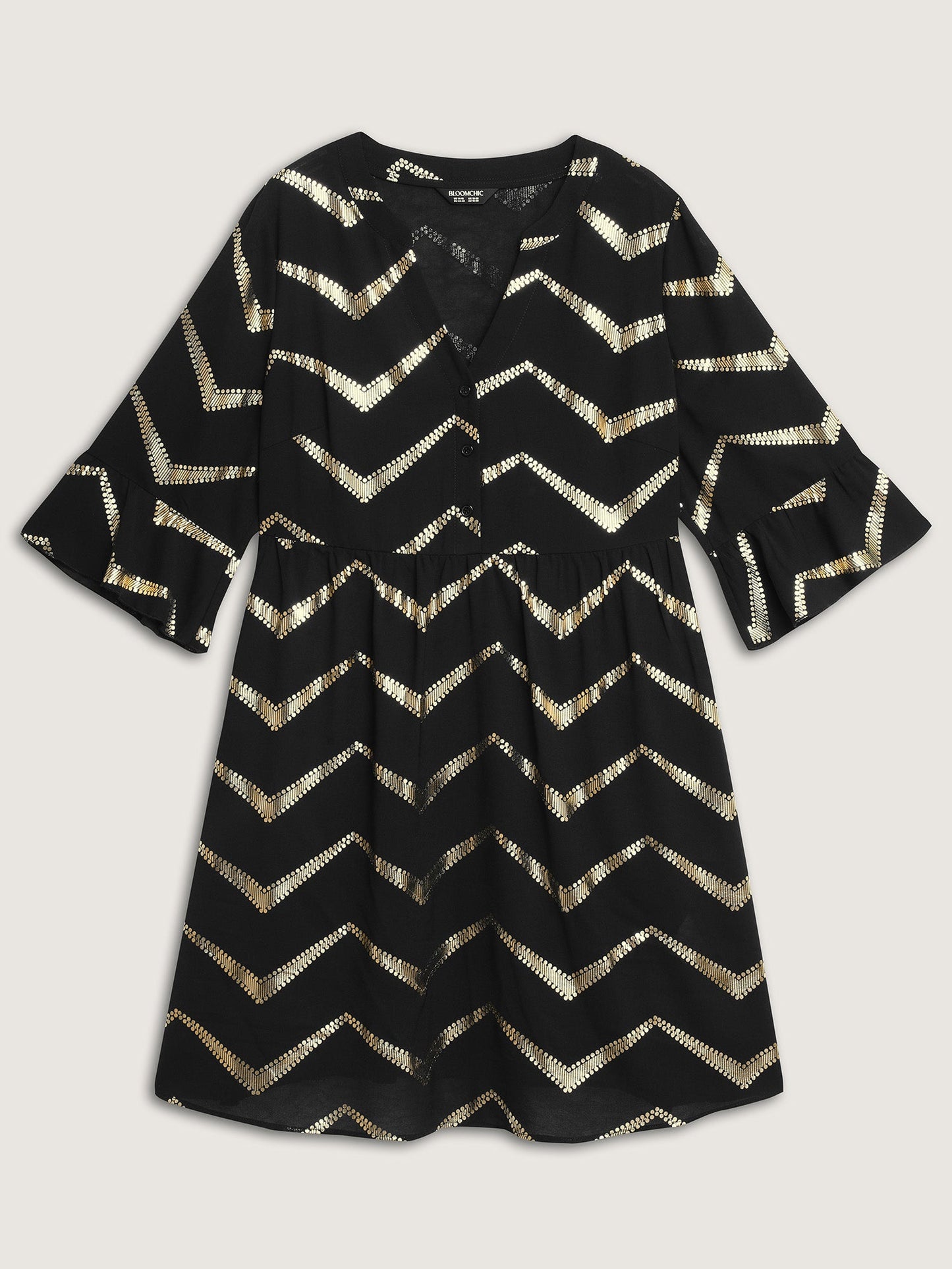 Gold Foil Wavy Knee-Length Dress