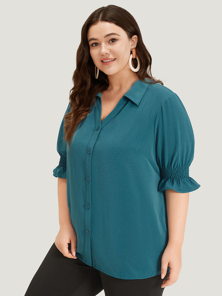 Plain Shirt Collar Shirred Button Up Ruffled Trim Blouse