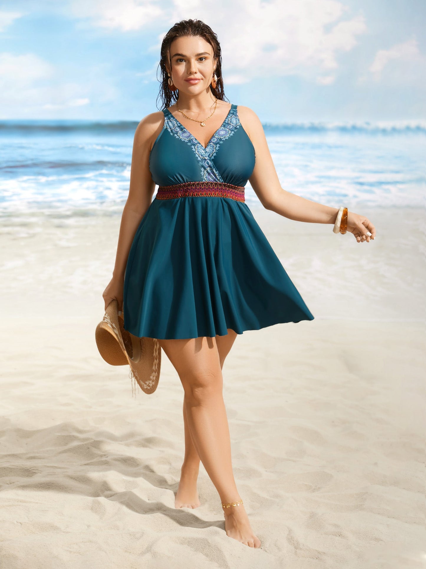 Overlap Collar Bandana Print Contrast Webbing Swim Dress