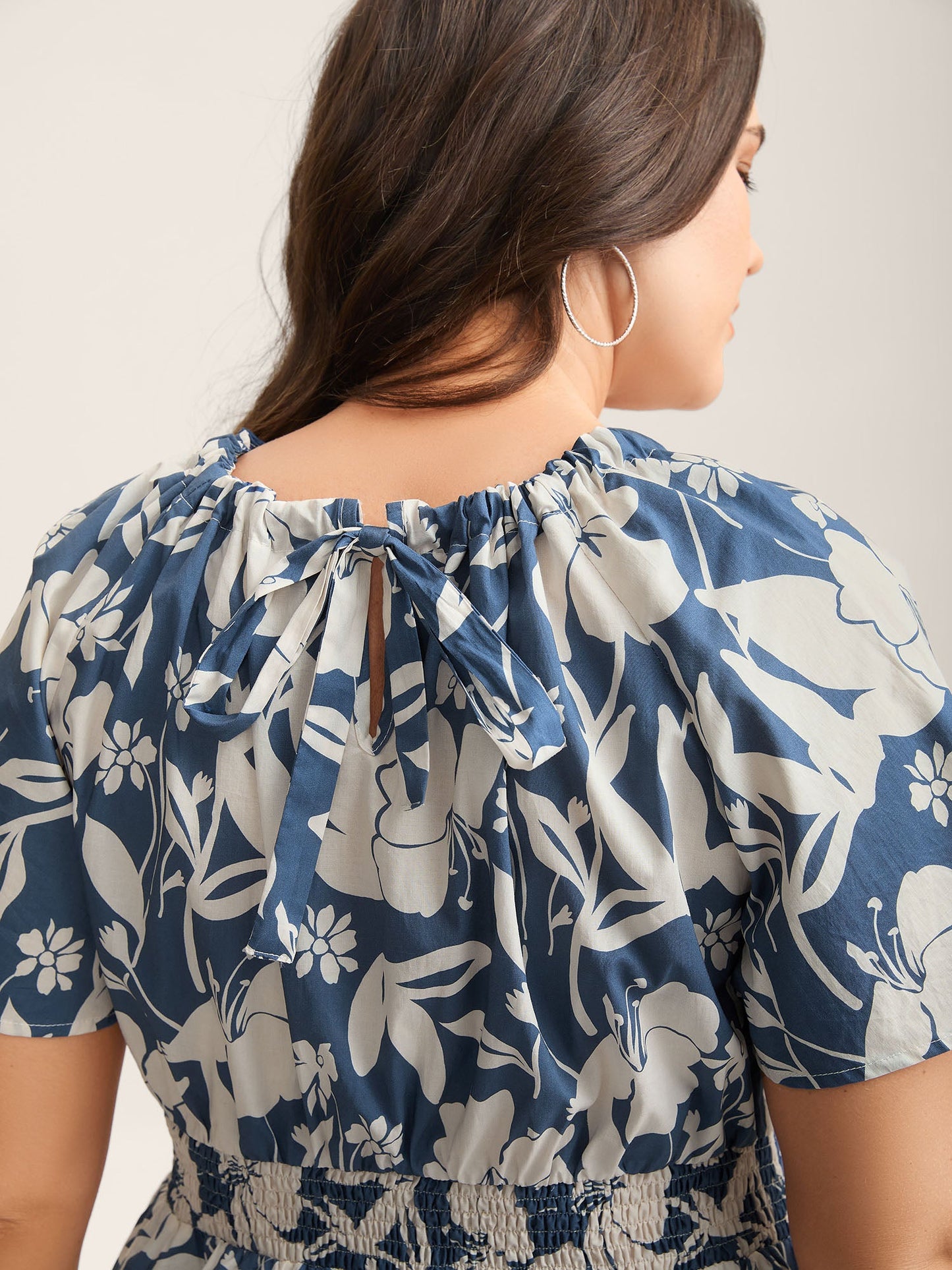 Cotton Silhouette Floral Print Shirred Waist Blouse