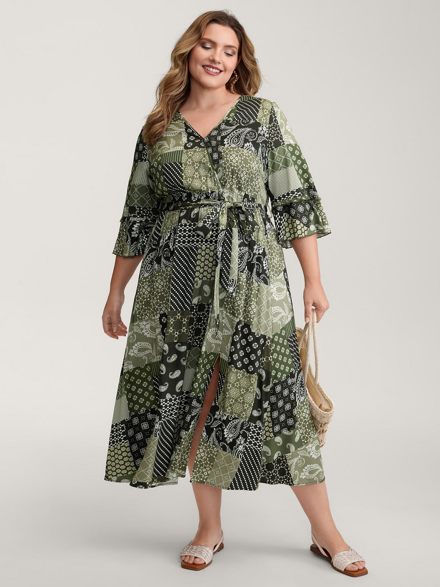 Boho Print Wrap Neckline Belted Maxi Dress