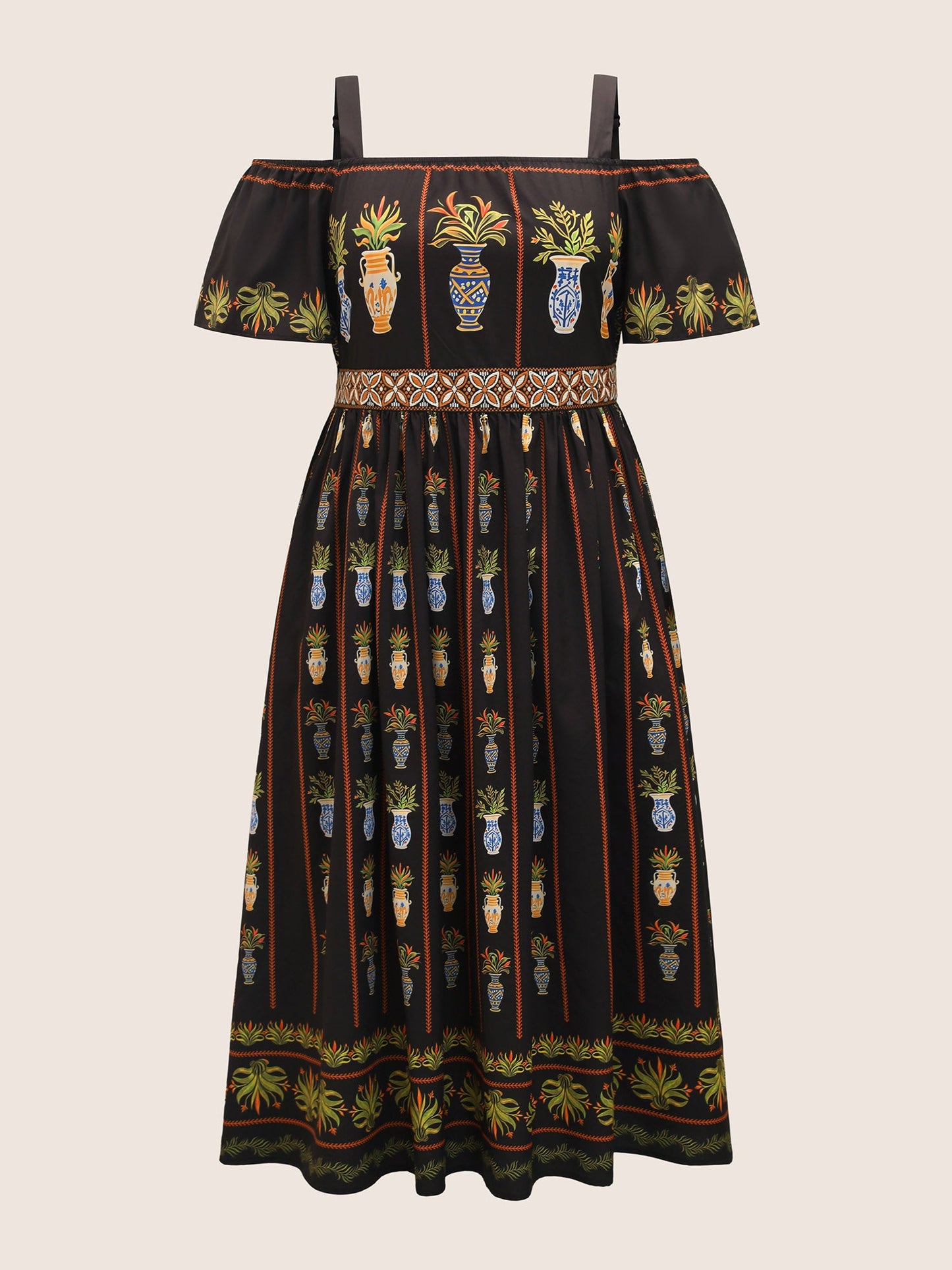Boho Print Off Shoulder Woven Ribbon Dress