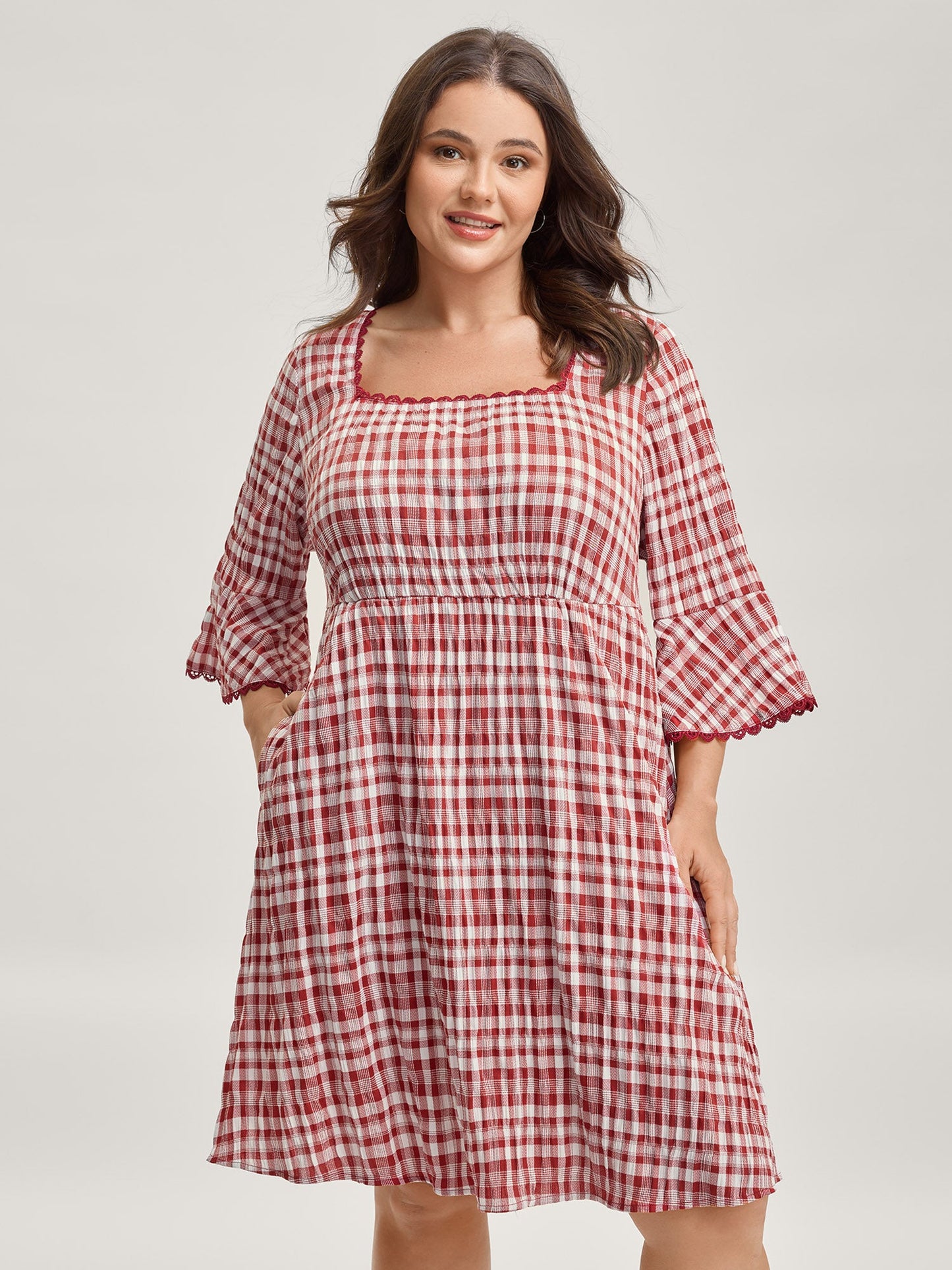 Gingham Print Stretchy Waist Back-Tie Midi Dress