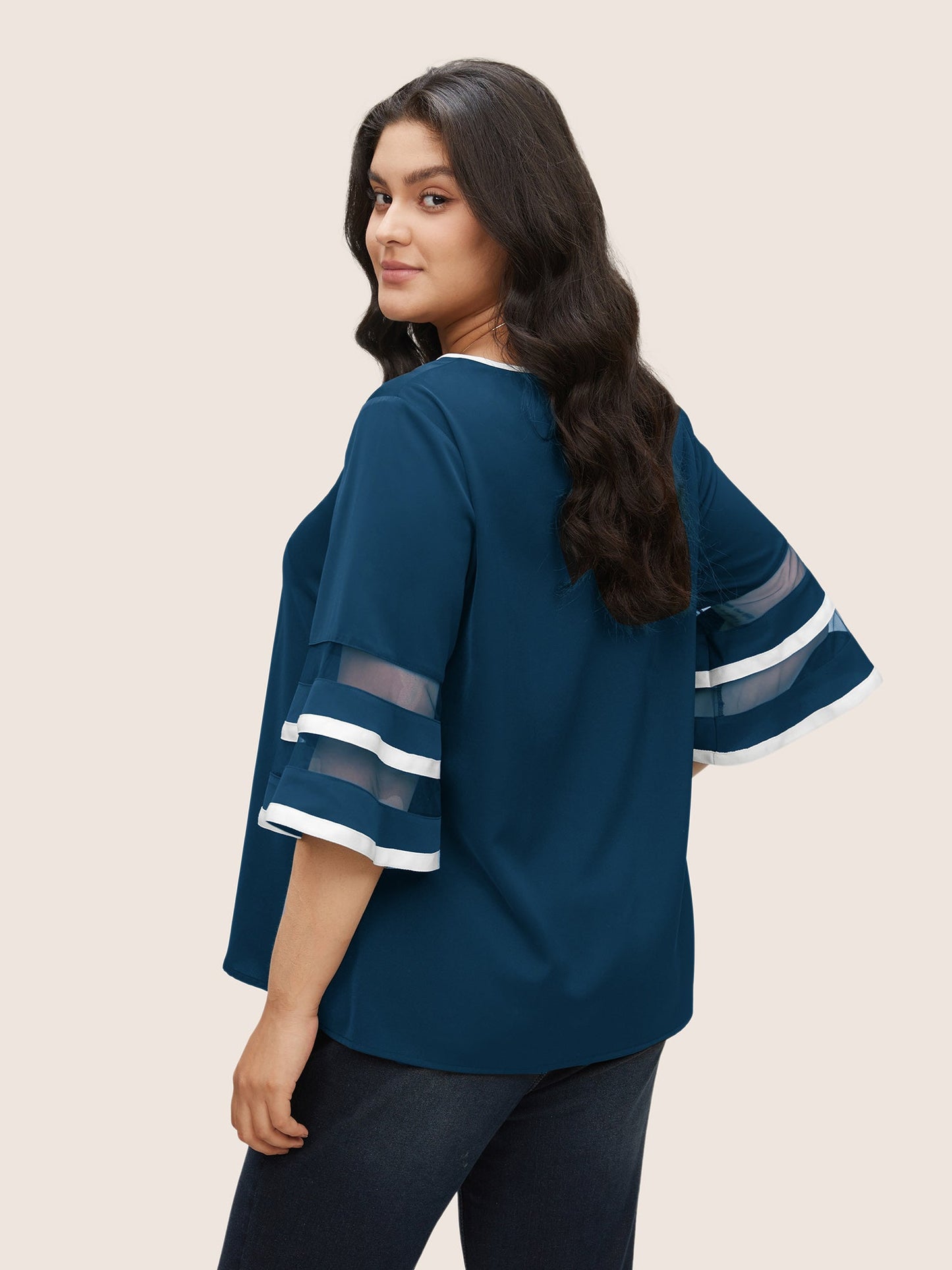 Contrast Patchwork Mesh Bell Sleeve Blouse
