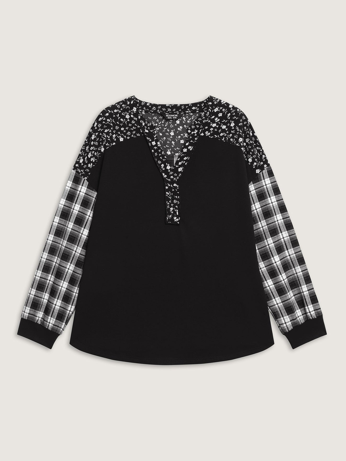 Checkered Print Contrast Notched Collar Sweatshirt