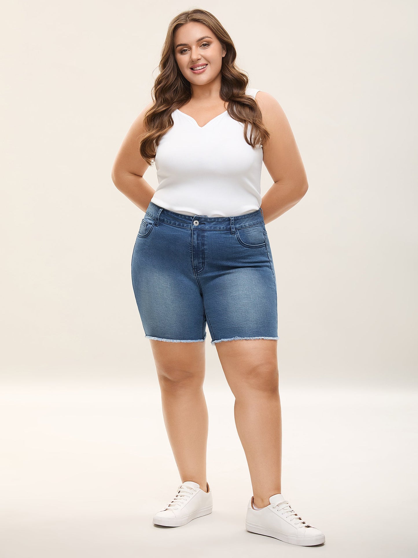Frayed Hem High Rise Denim Shorts
