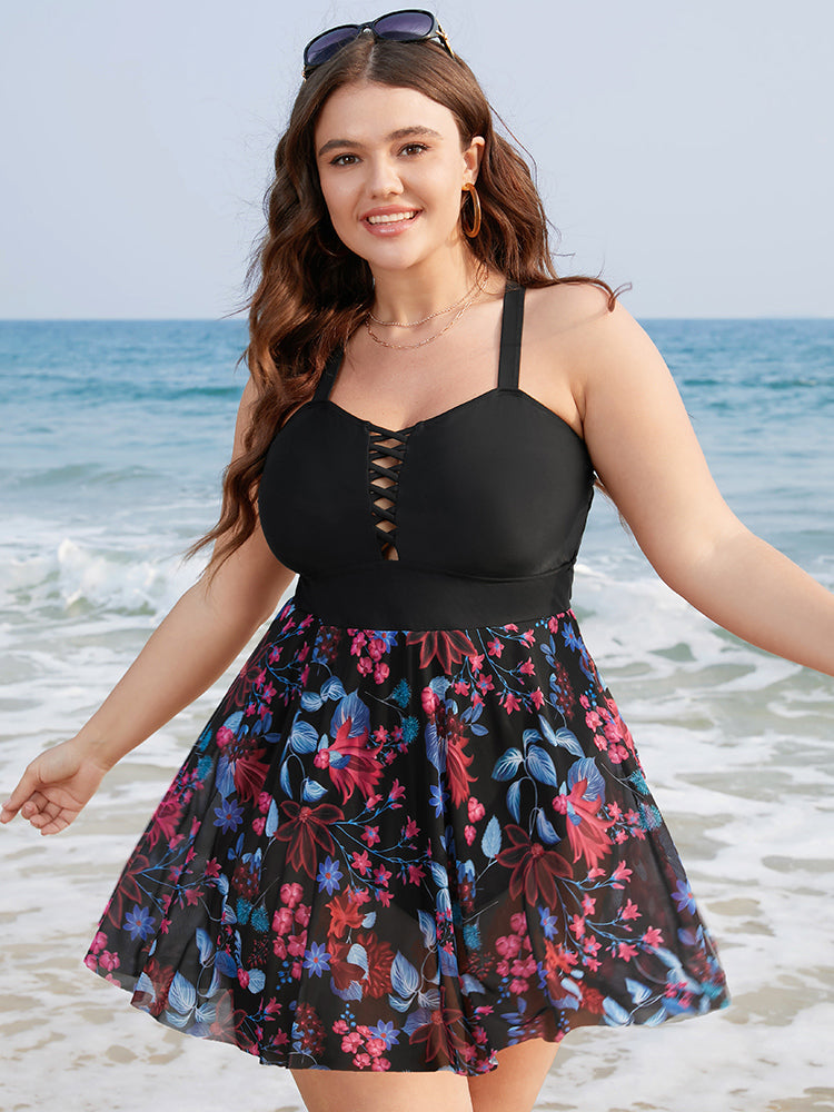 Floral Print Ruffles Crisscross Front Swim Dress