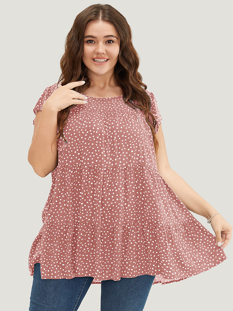 Allover Print Cap Sleeve Ruffle Hem Gathered Blouse