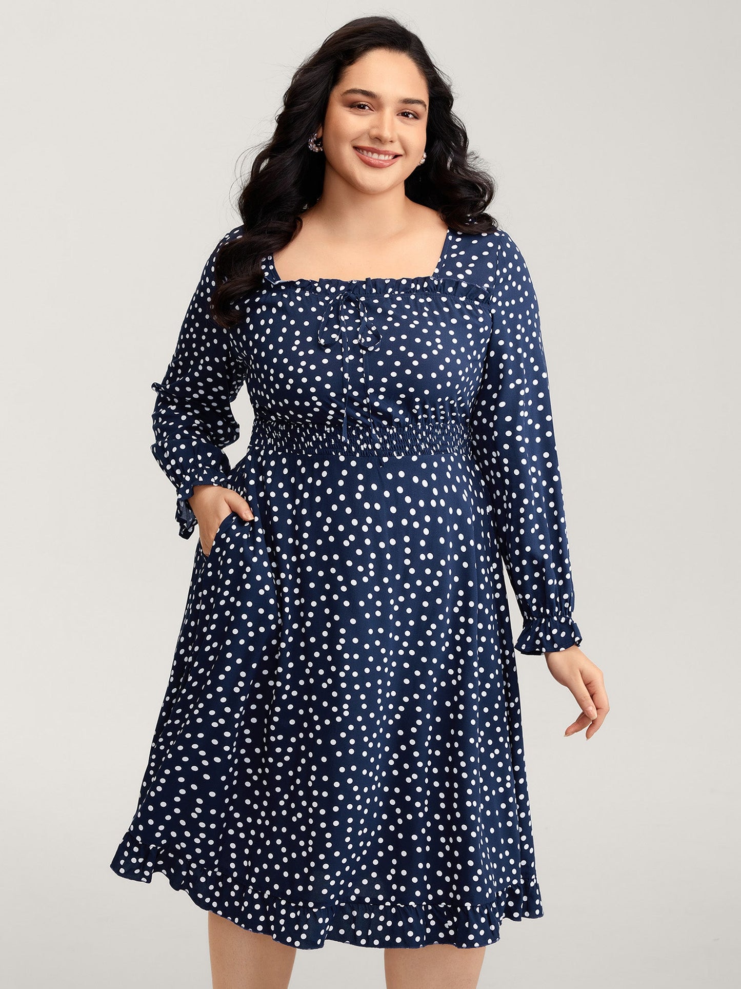 Polka Dots Shirred Drawstring Neck Midi Dress