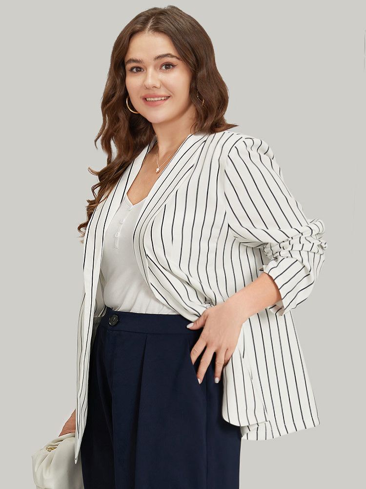 Striped Pocket Gathered Lapel Collar Blazer