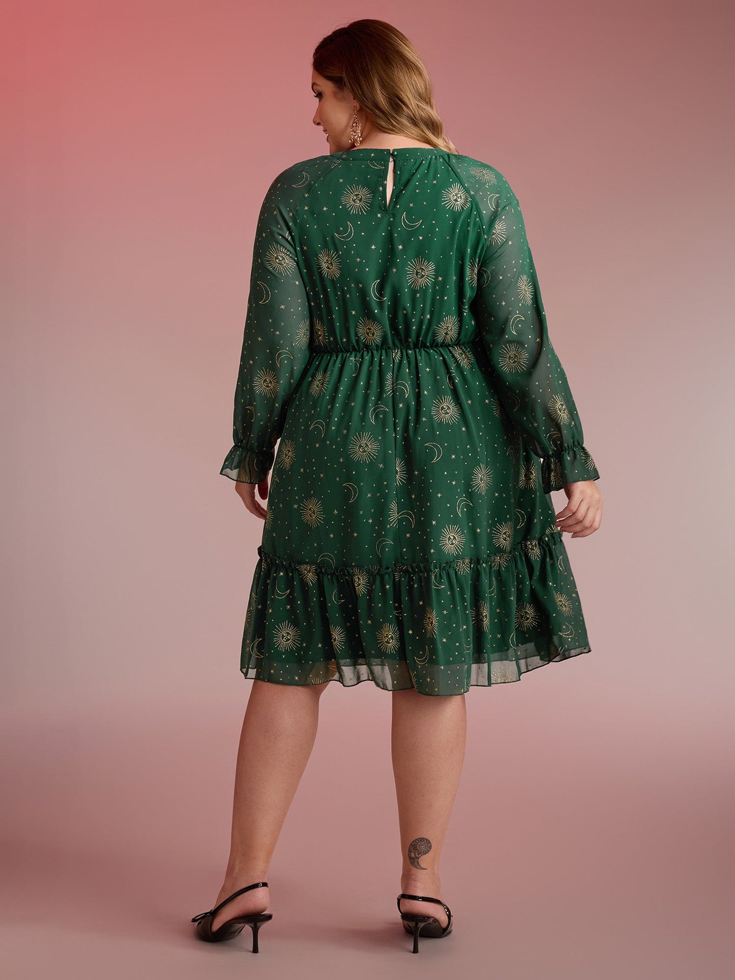 Chiffon Gold Celestial Print Tiered Midi Dress