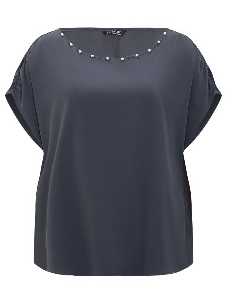 Solid Pearl Beaded Ruched Sleeve Blouse