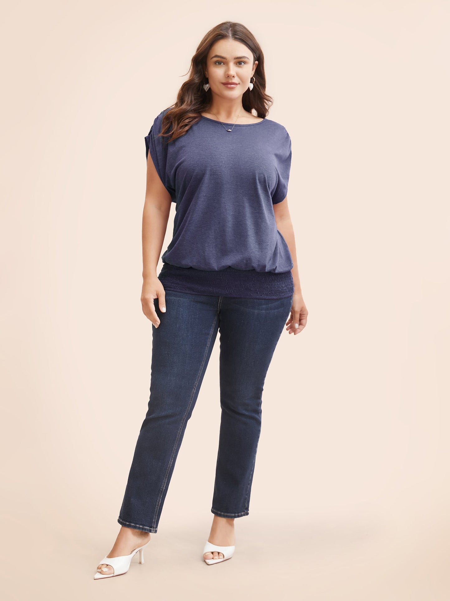Solid Ruched Batwing Sleeve Shirred Hem T-shirt