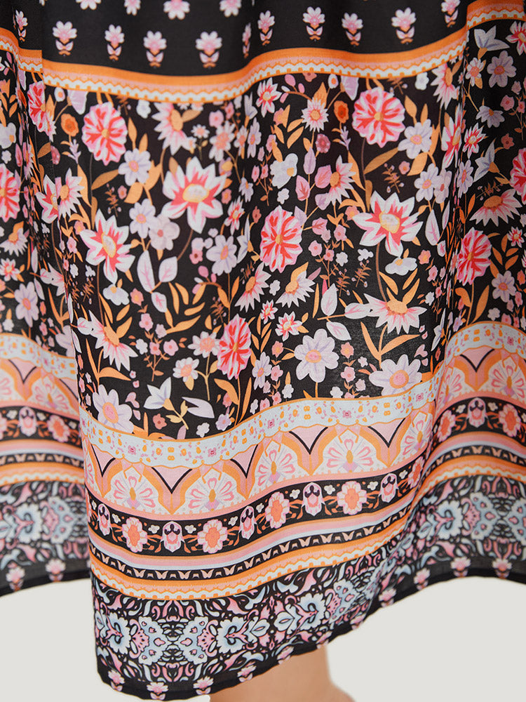 Boho Print Contrast Gathered Pocket Ruffles Dress