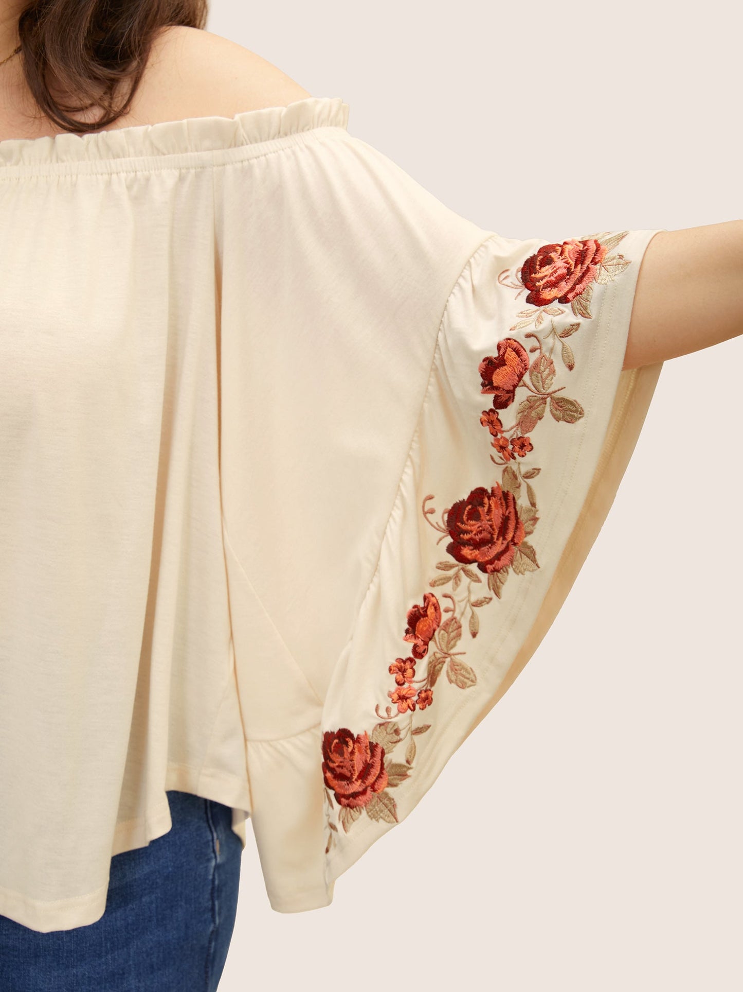 Off Shoulder Floral Embroidered Ruffle Sleeve T-shirt