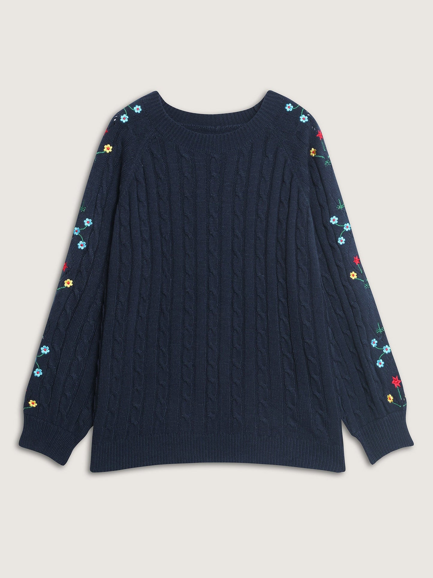 Cable Knit Embroidered Raglan Sleeve Pullover
