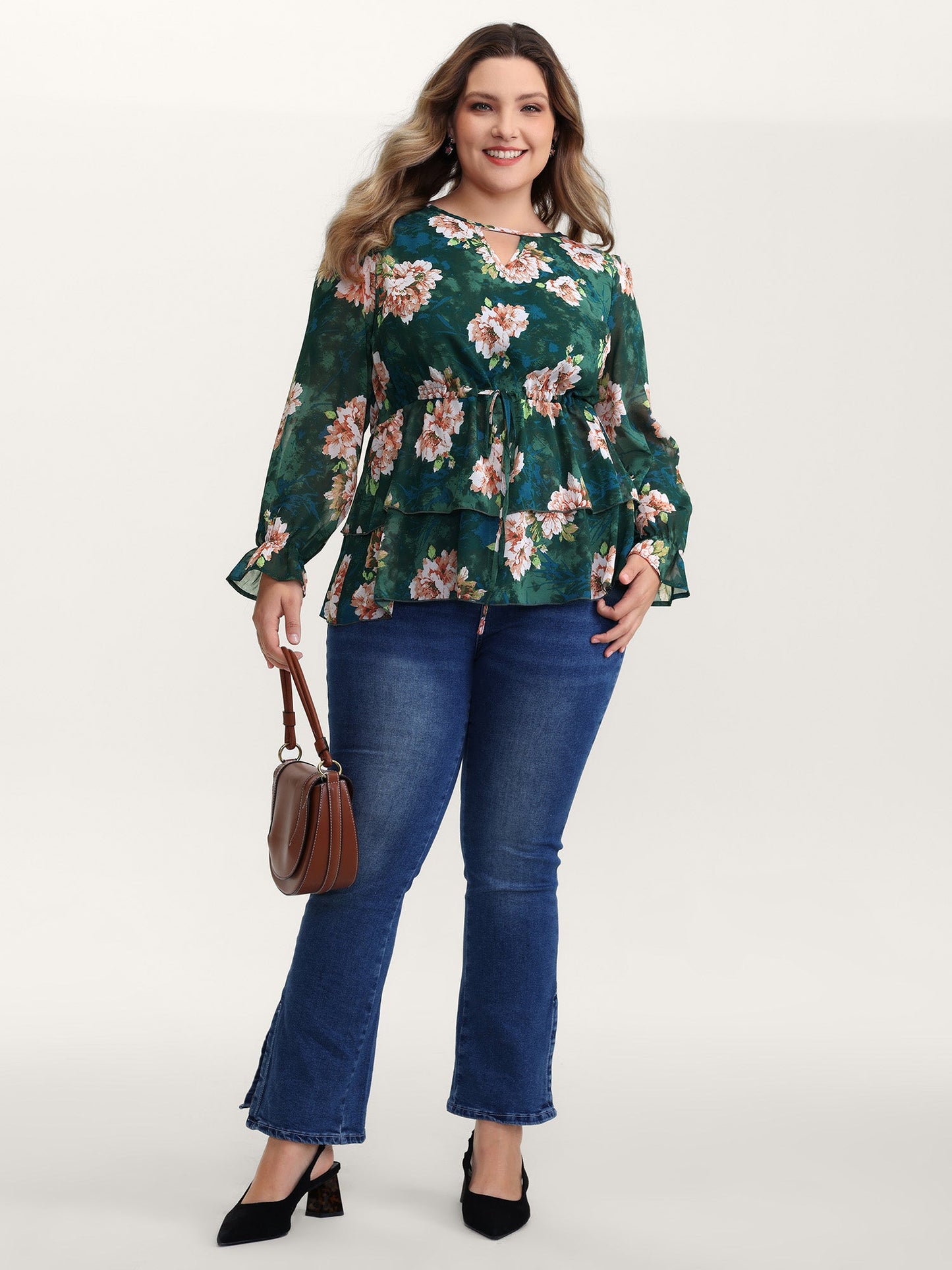 Sheer Floral Print Tie Flared Blouse