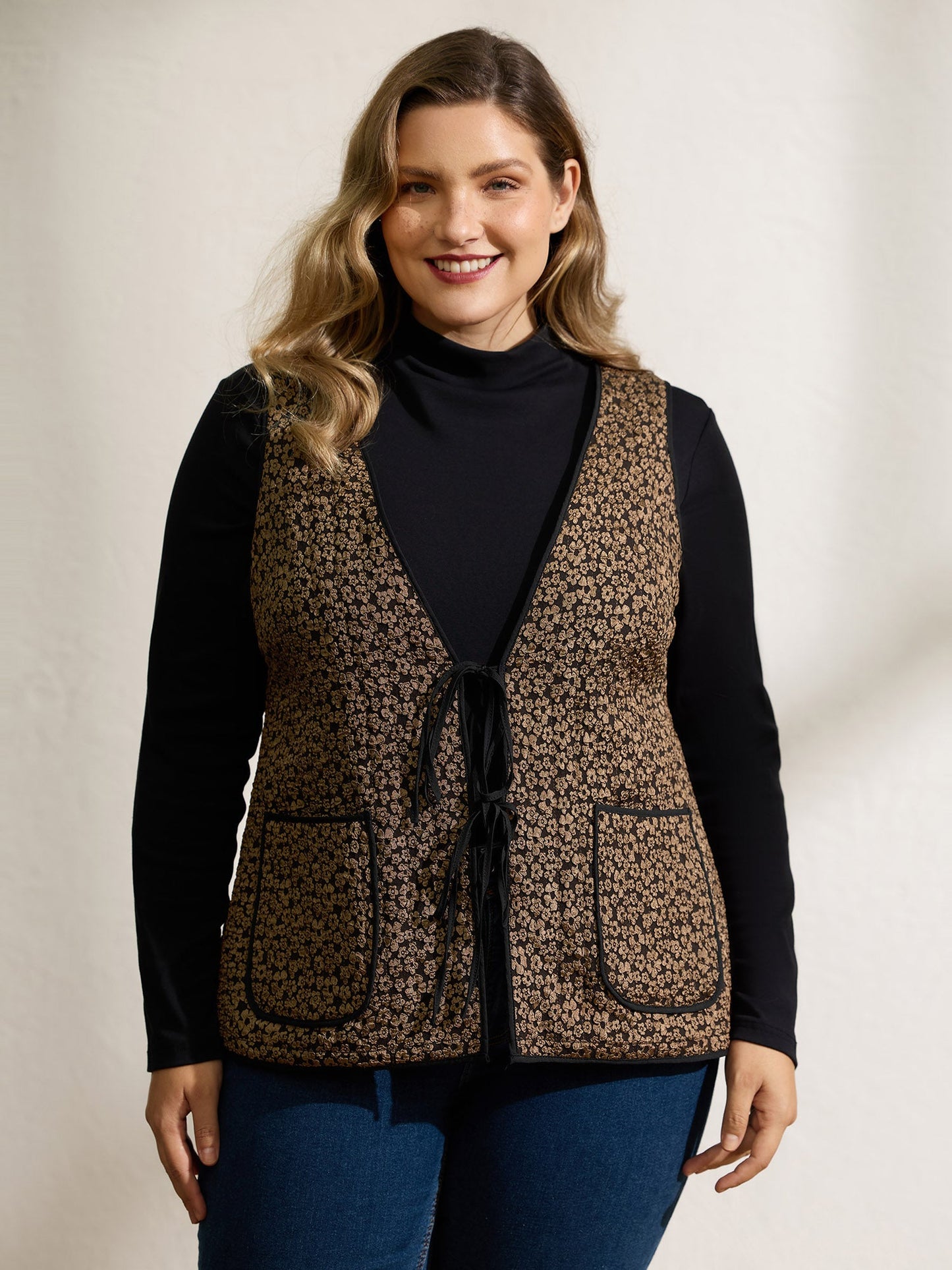 Floral Print Three Ties Quilted Vest