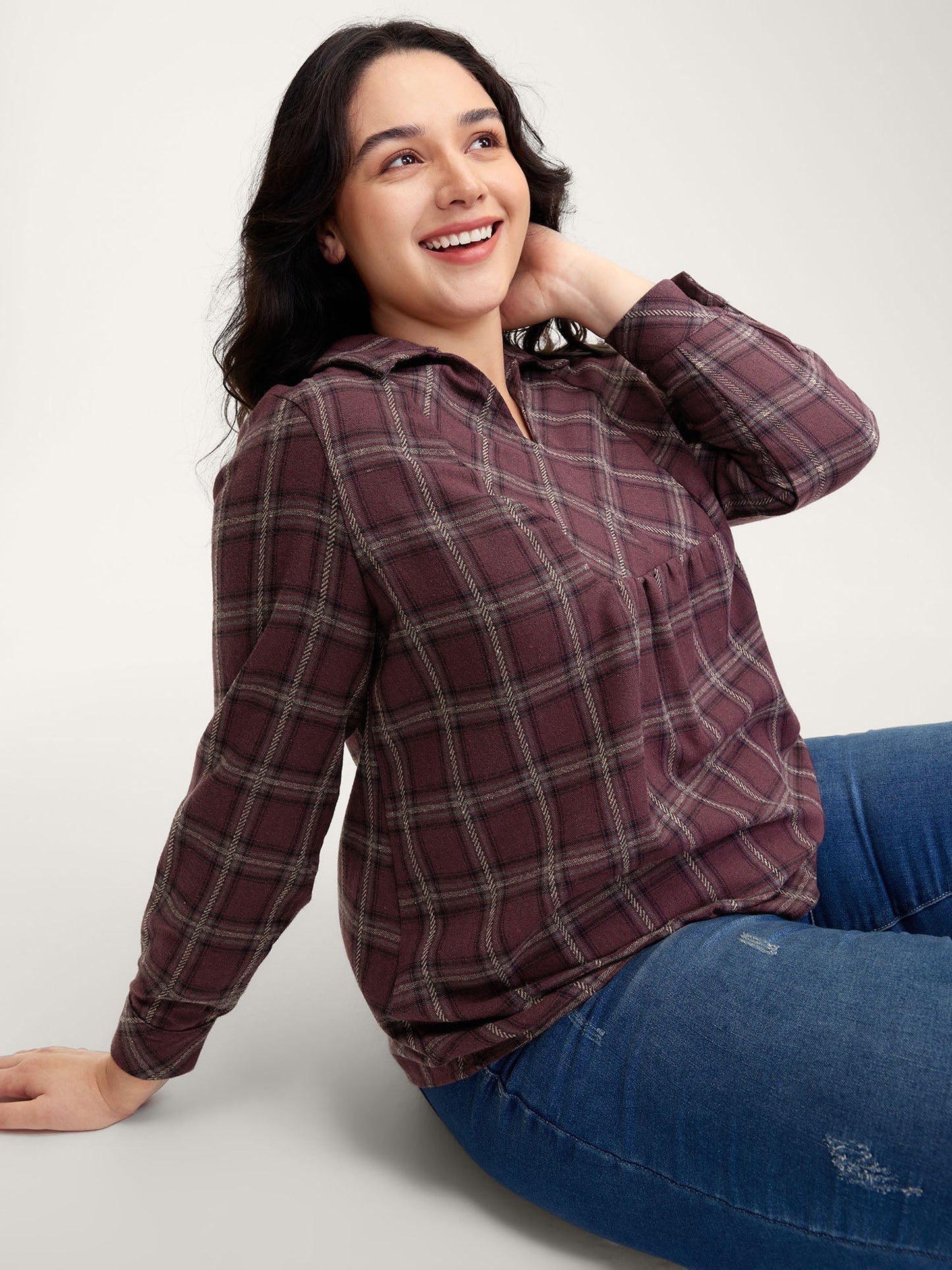 Plaid Pattern Relaxed-Fit Collar Blouse