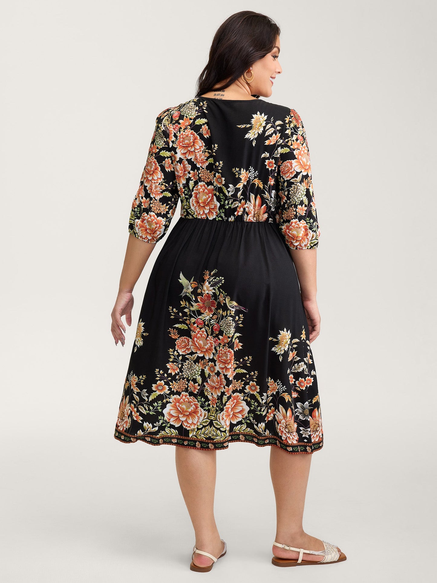 Rayon Floral Print Contrast V-Neck Midi Dress