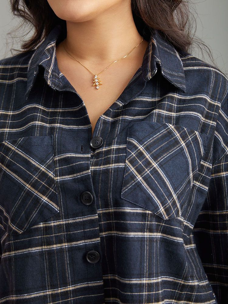 Plaid Shirt Collar Button Through Pocket Blouse