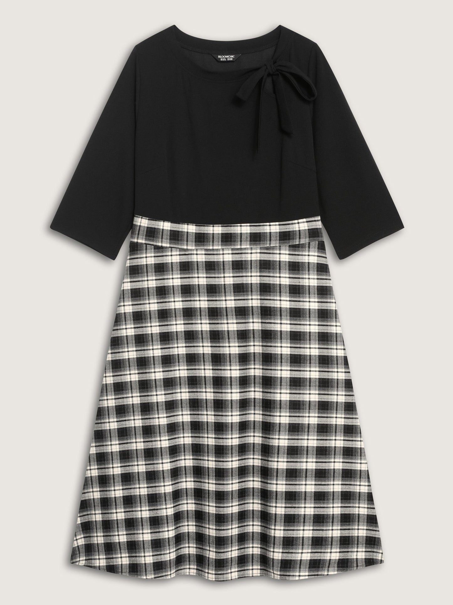Checkered Print Bow Tie Contrast Midi Dress