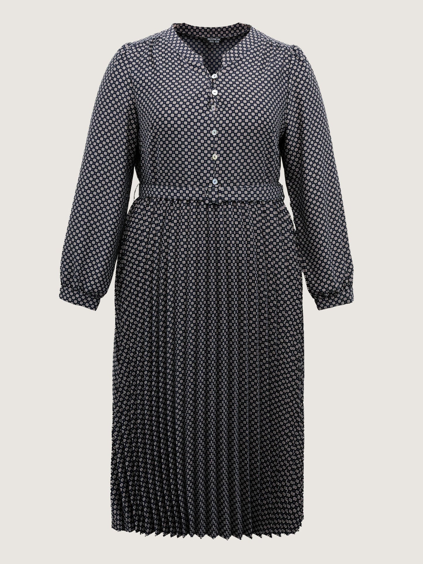 Geometric Print Pleated Notched Collar Midi Dress