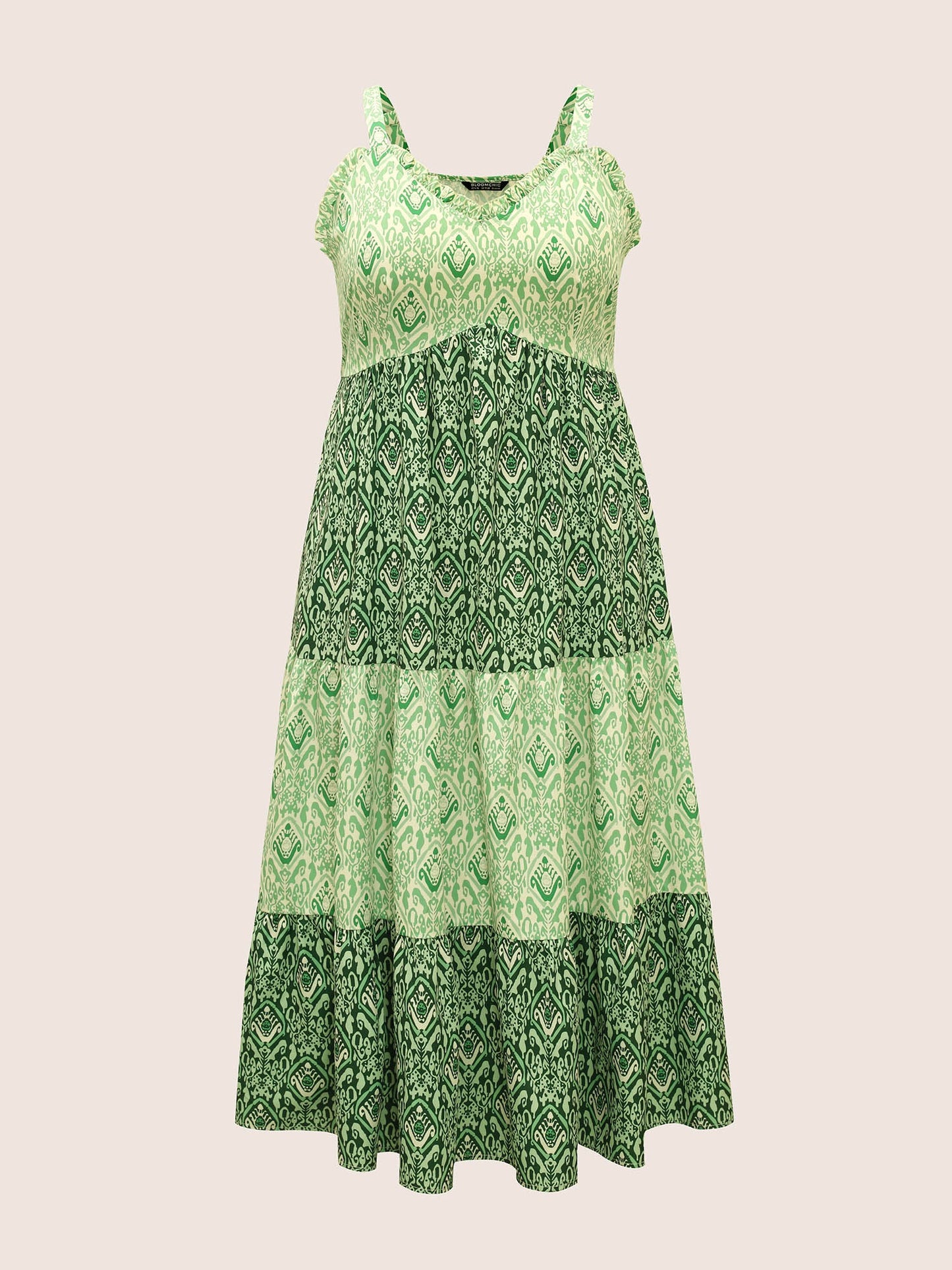 Boho Print Frill Trim Ruffle Layered Hem Dress