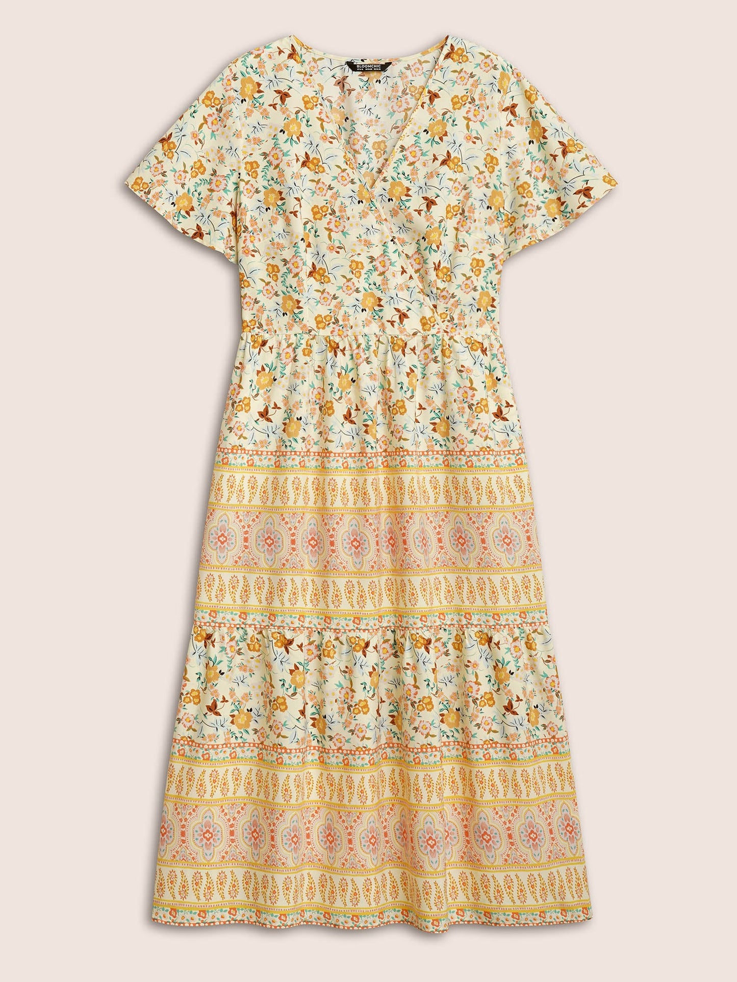 Overlap Collar Boho Print Ruffle Sleeve Dress