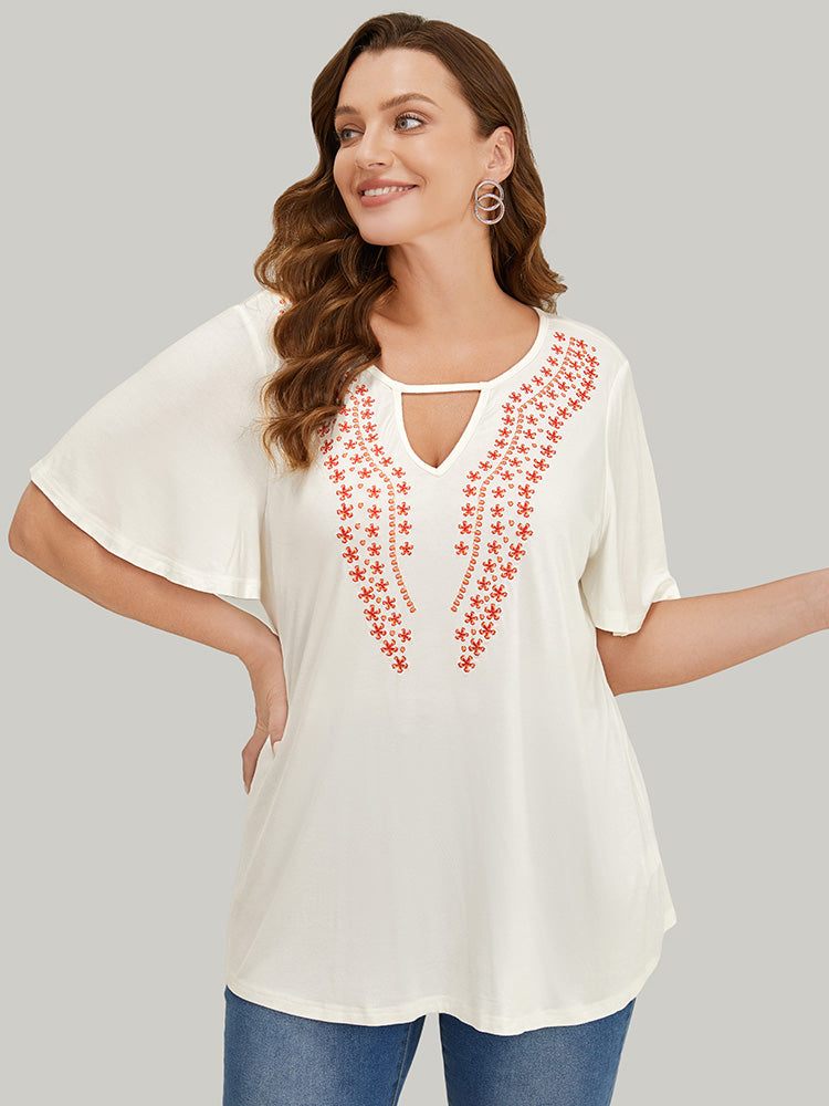 Floral Embroidered Ruffle Sleeve Keyhole Neck T-shirt