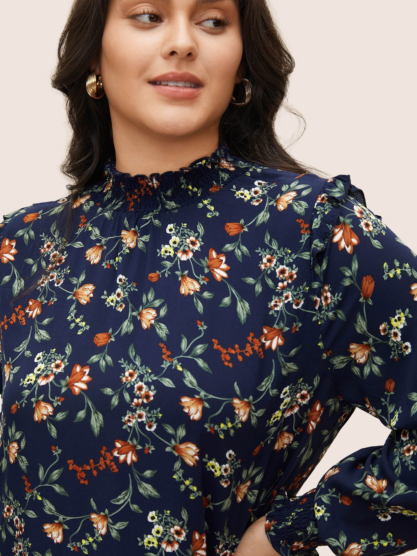 Floral Lantern Sleeve Shirred Mock Neck Blouse