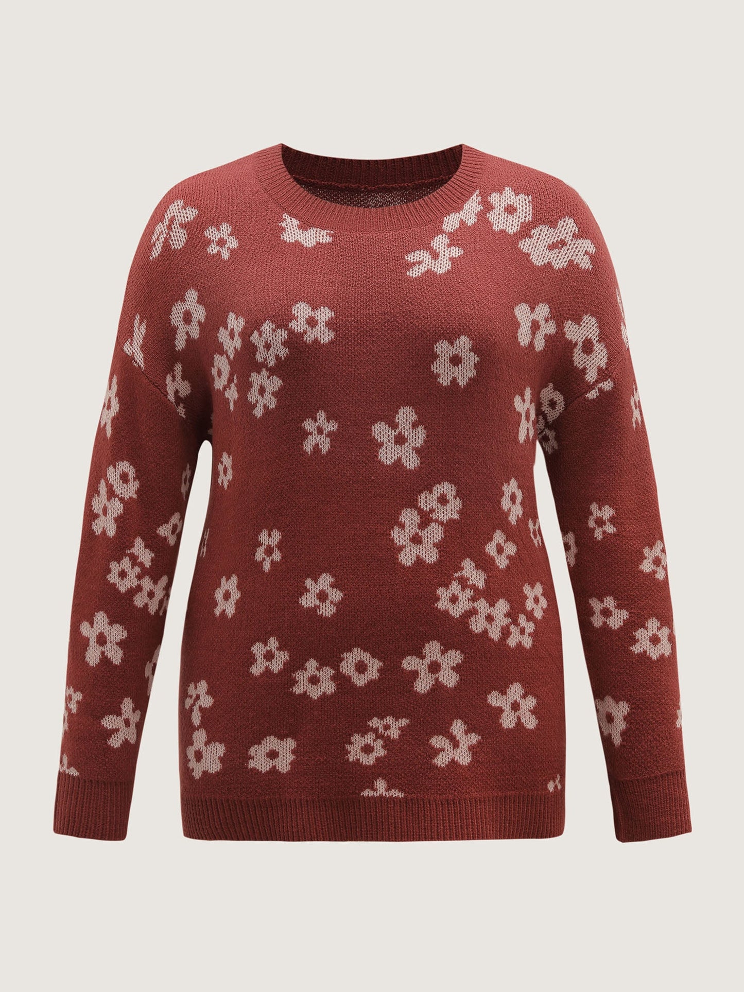 Floral Pattern Round Neck Ribbed Pullover