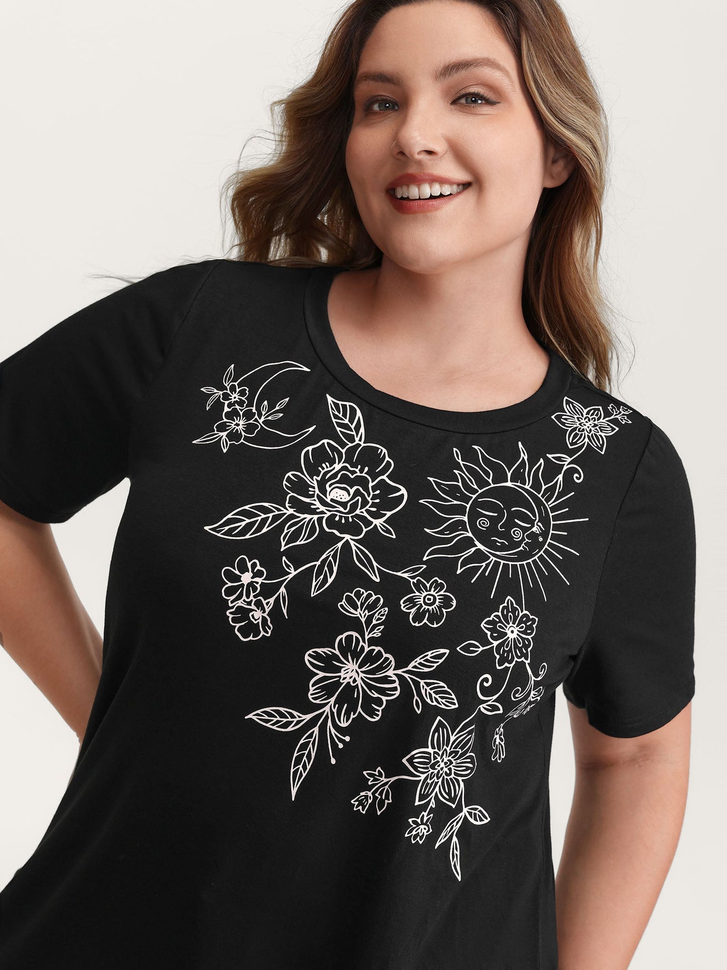 Floral Print Stretchy Round Neck T-Shirt