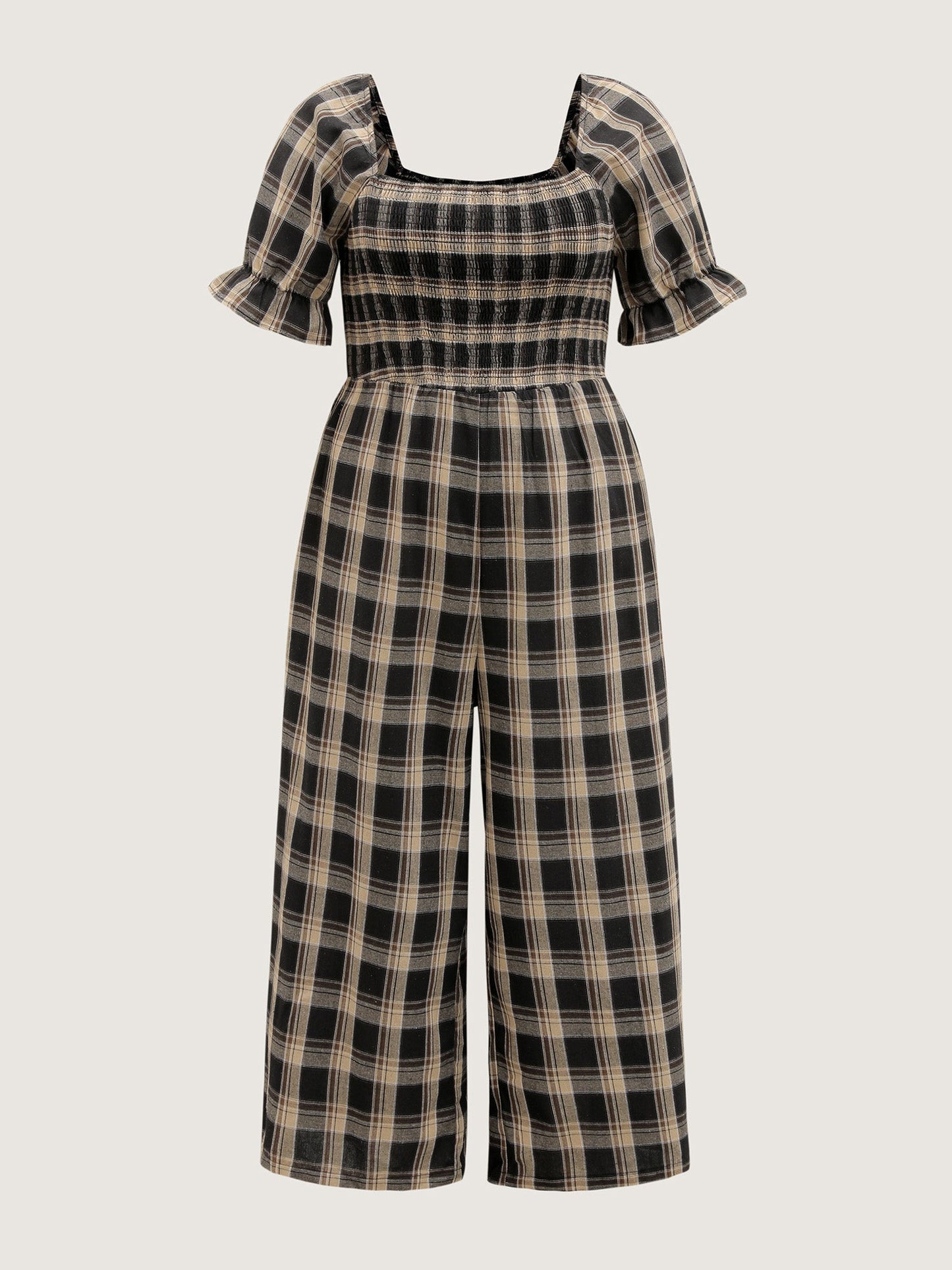 Classic Plaid Print Shirred Bodice Jumpsuit