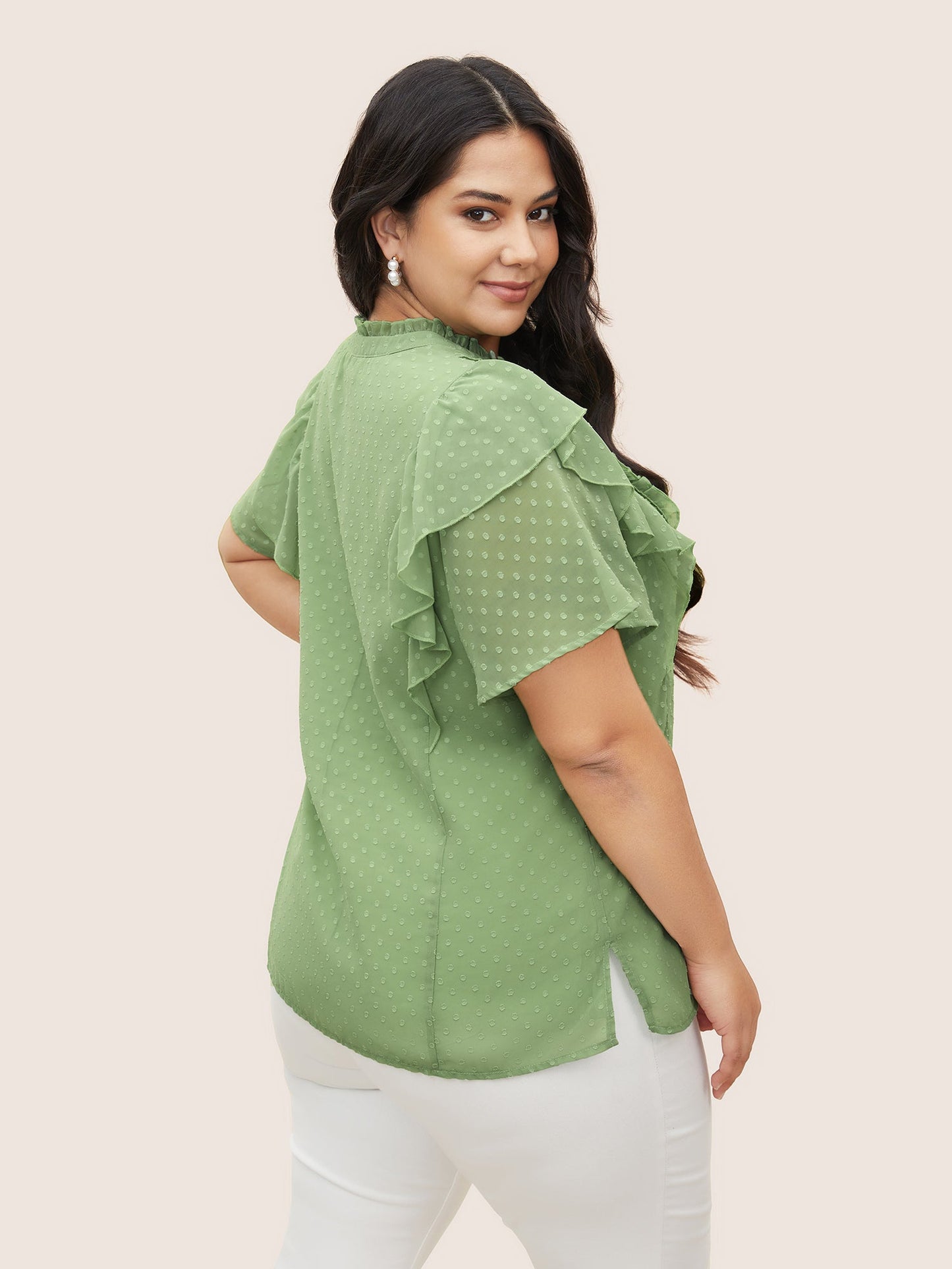 Texture Frill Trim Ruffle Sleeve Blouse