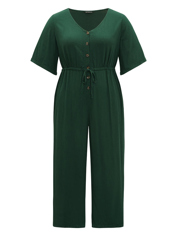 Plain Textured V Neck Pocket Button Through Drawstring Jumpsuit