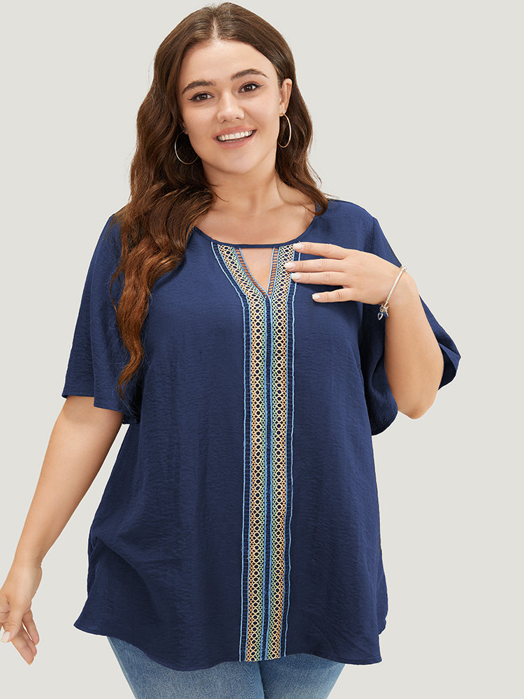 Plain Contrast Tape Keyhole Neck Ruffle Sleeve Blouse