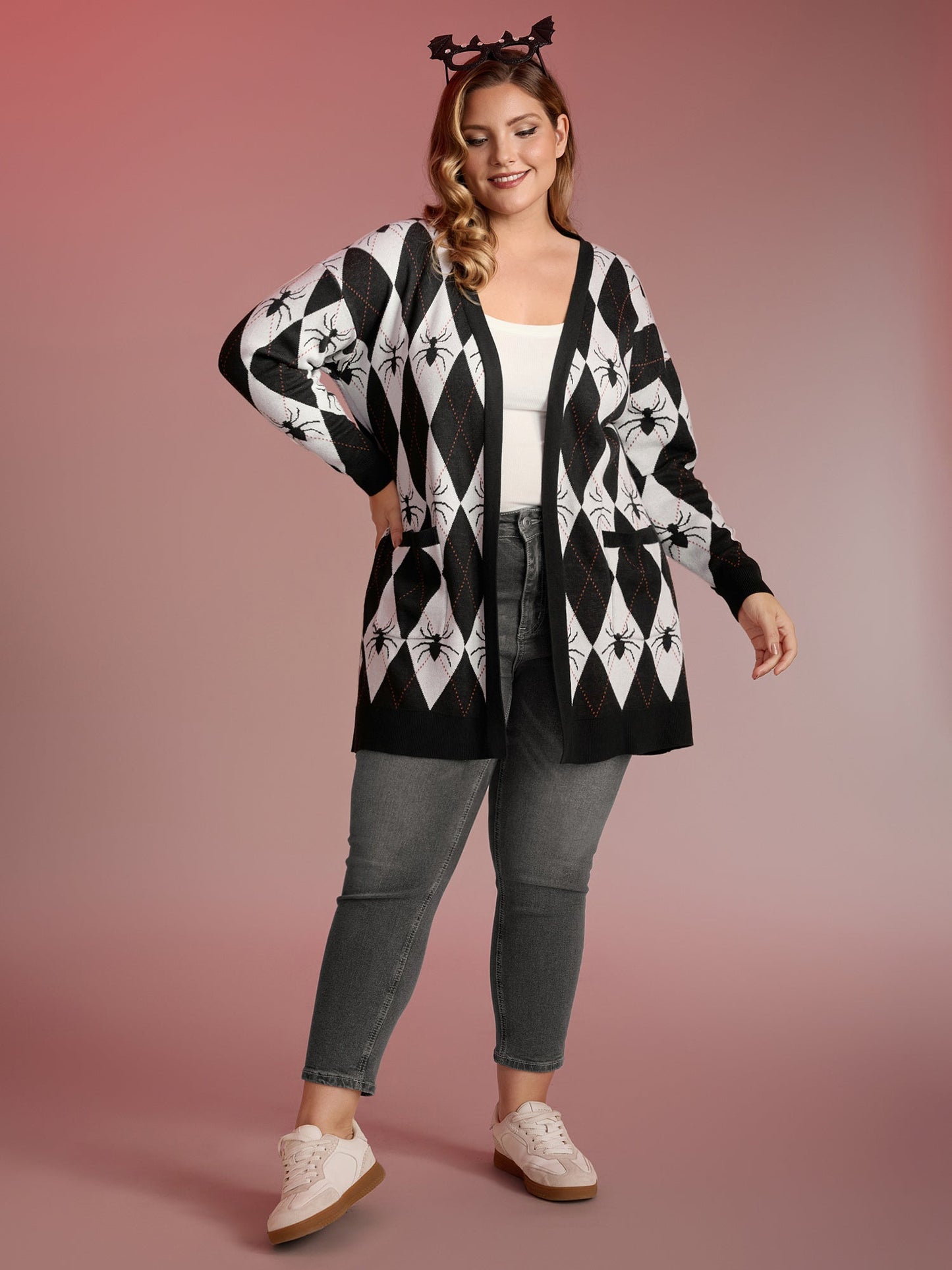 Spider Check Jacquard Pockets Knit Cardigan