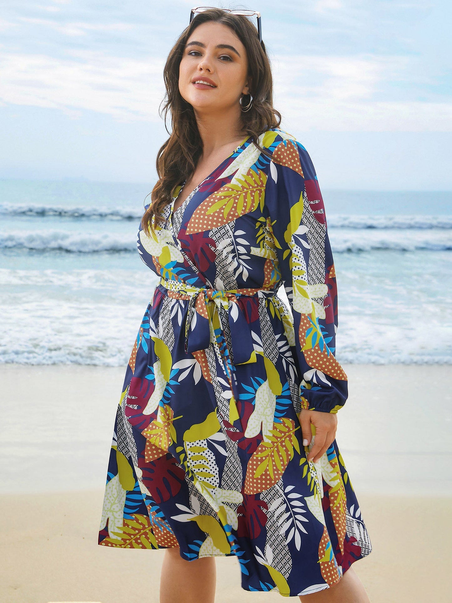 Surplice Neck Tropical Leaf Pockets Midi Dress