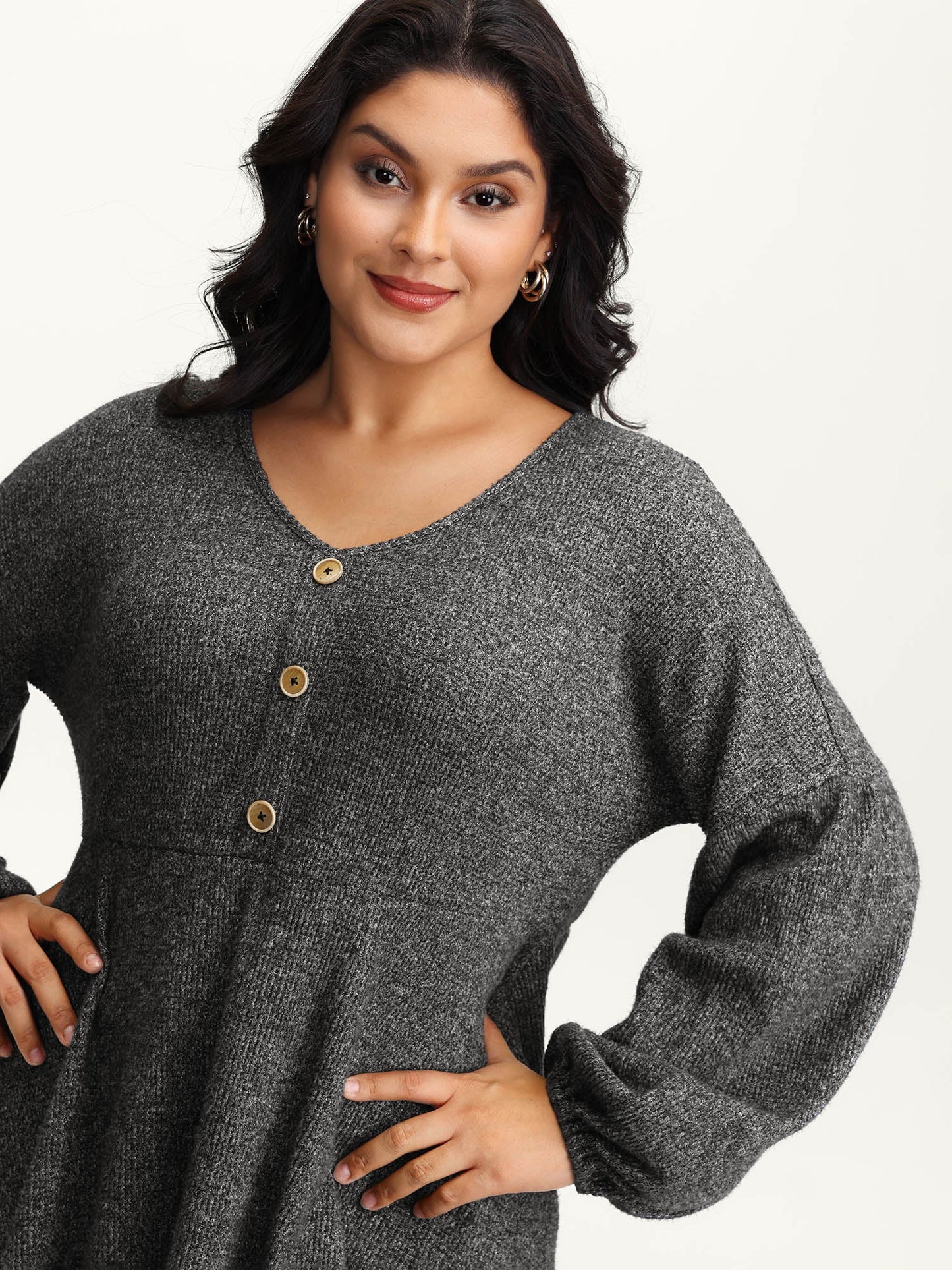 Supersoft Heather Stretchy Button Detail Knit Top