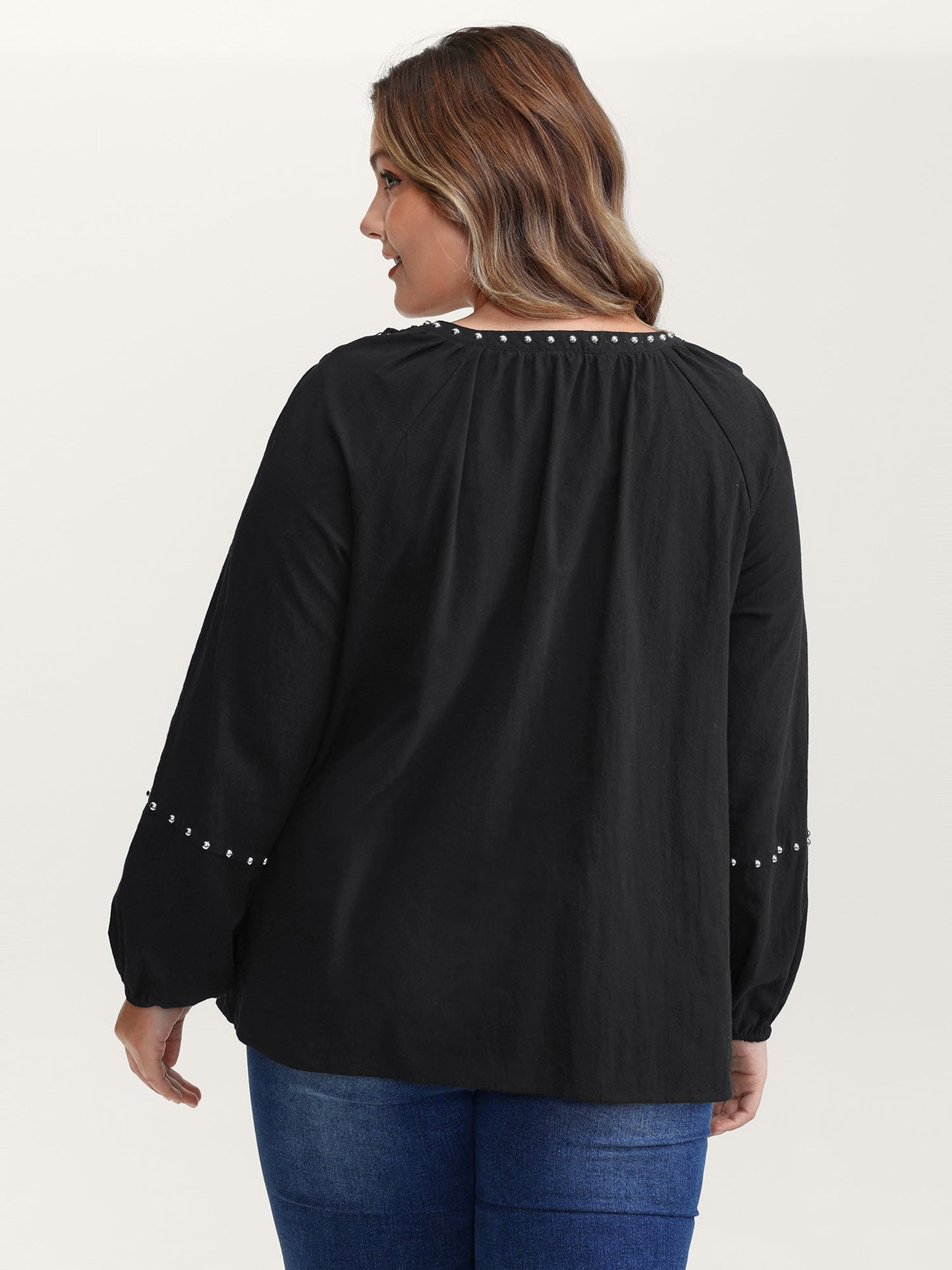 Lace Trim Rivets Cut-Out Blouse