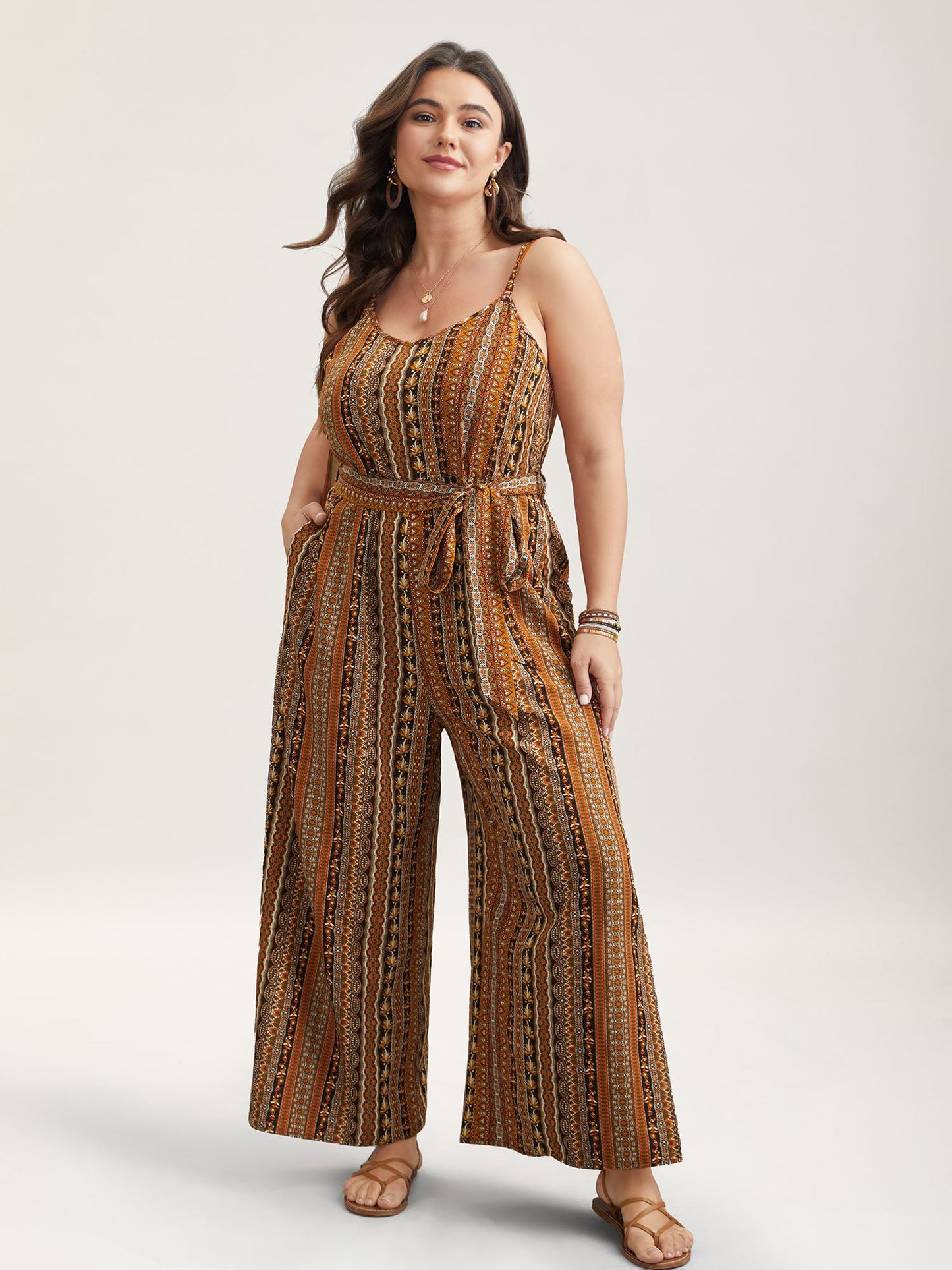 Boho Stripes Belted Straight Leg Jumpsuit