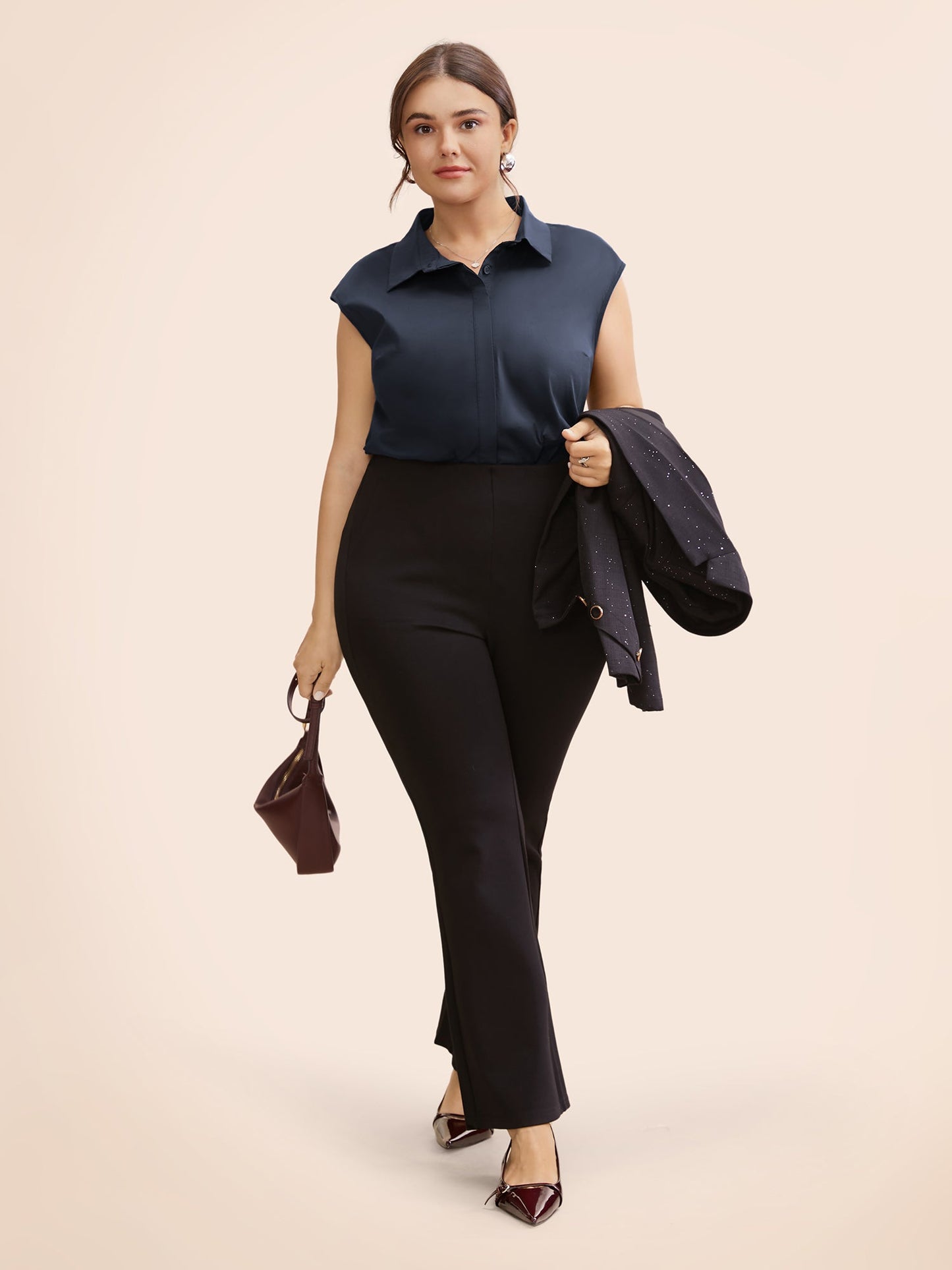 Stretch Woven Princess Seams Offsleeves Blouse