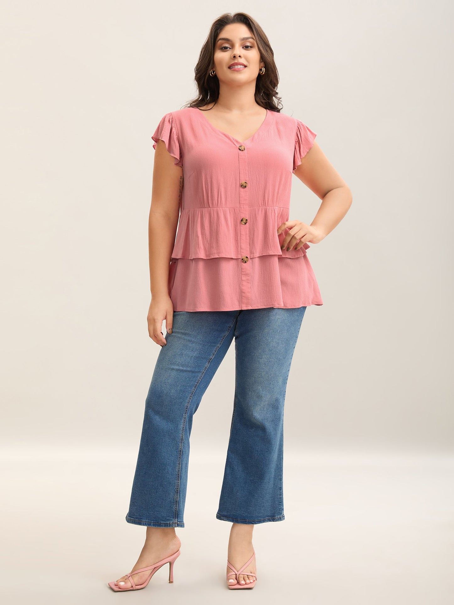 Rayon Ruffled Layered Hem Button Blouse