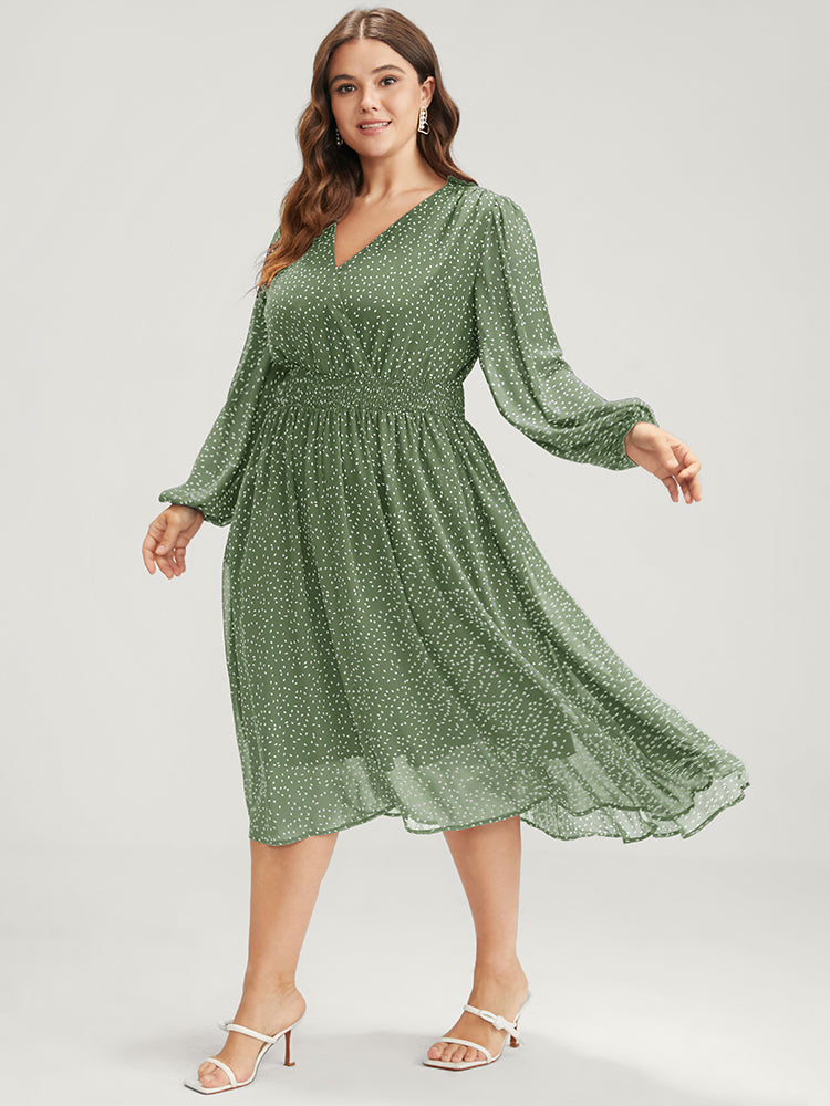 Polka Dot Lantern Sleeve Pocket Shirred Flutter Dress