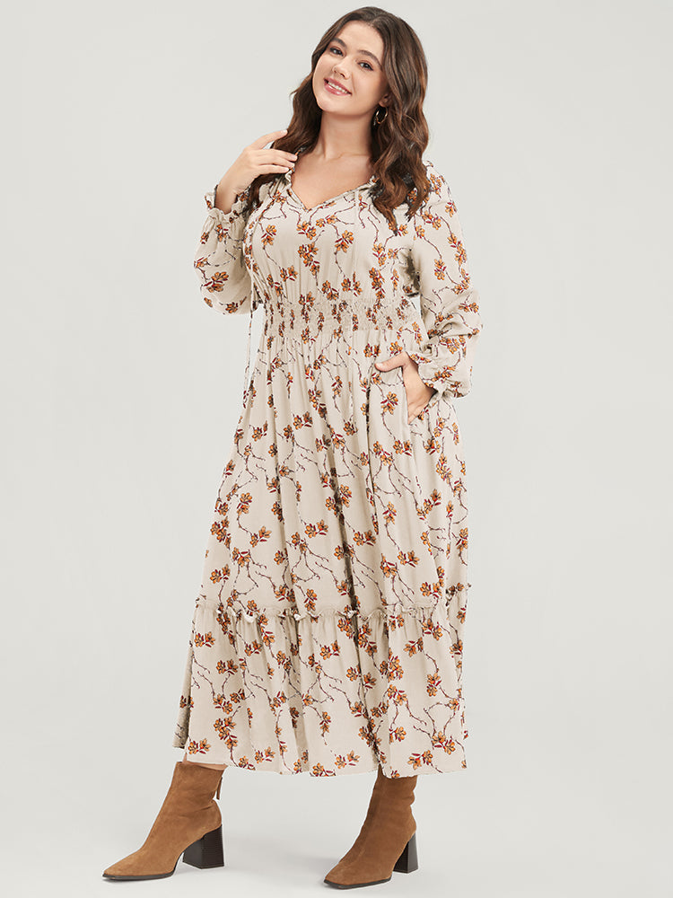 Floral Lantern Sleeve Pocket Tie Neck Shirred Midi Dress