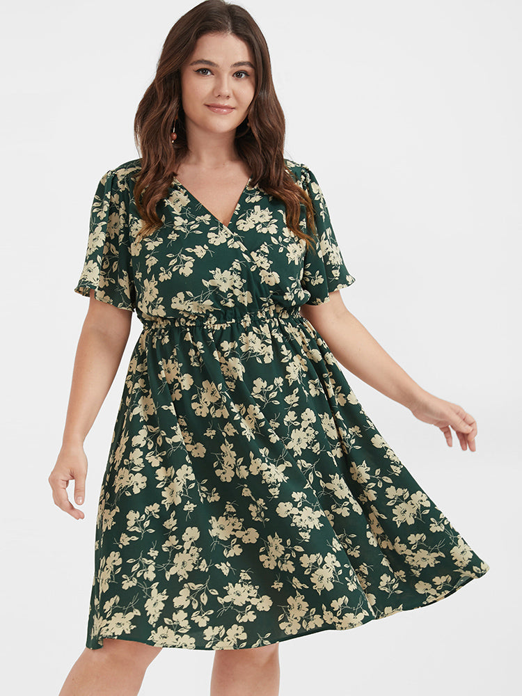 Floral Belted Button Ruffled Wrap Knee Dress