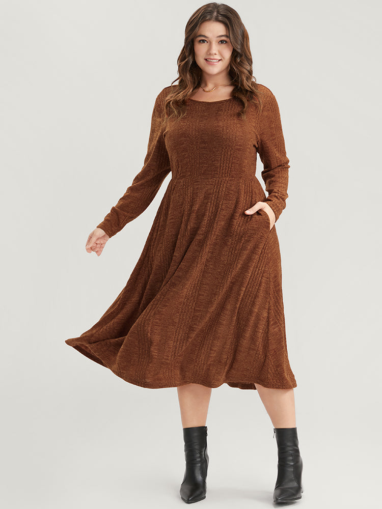 Solid Round Neck Pocket Rib Knit Dress Without Belt